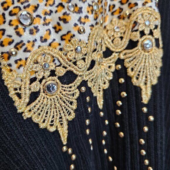 Focus Vintage Gold Studded Gothic Leopard Black Cardigan Sweater Large‎ - Picture 3 of 10